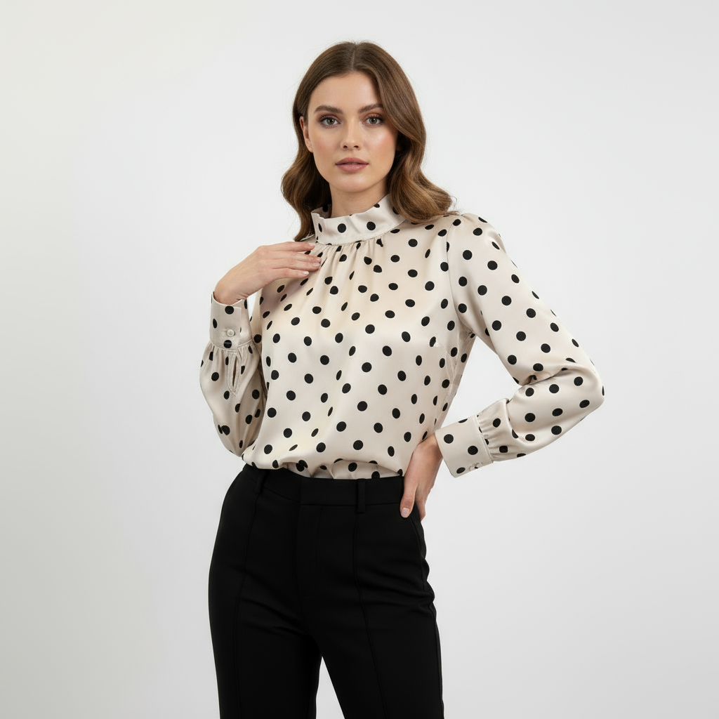 Camicia nera a pois con collo alto nero