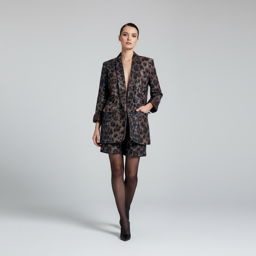 Blazer con paillettes e fantasia leopardo