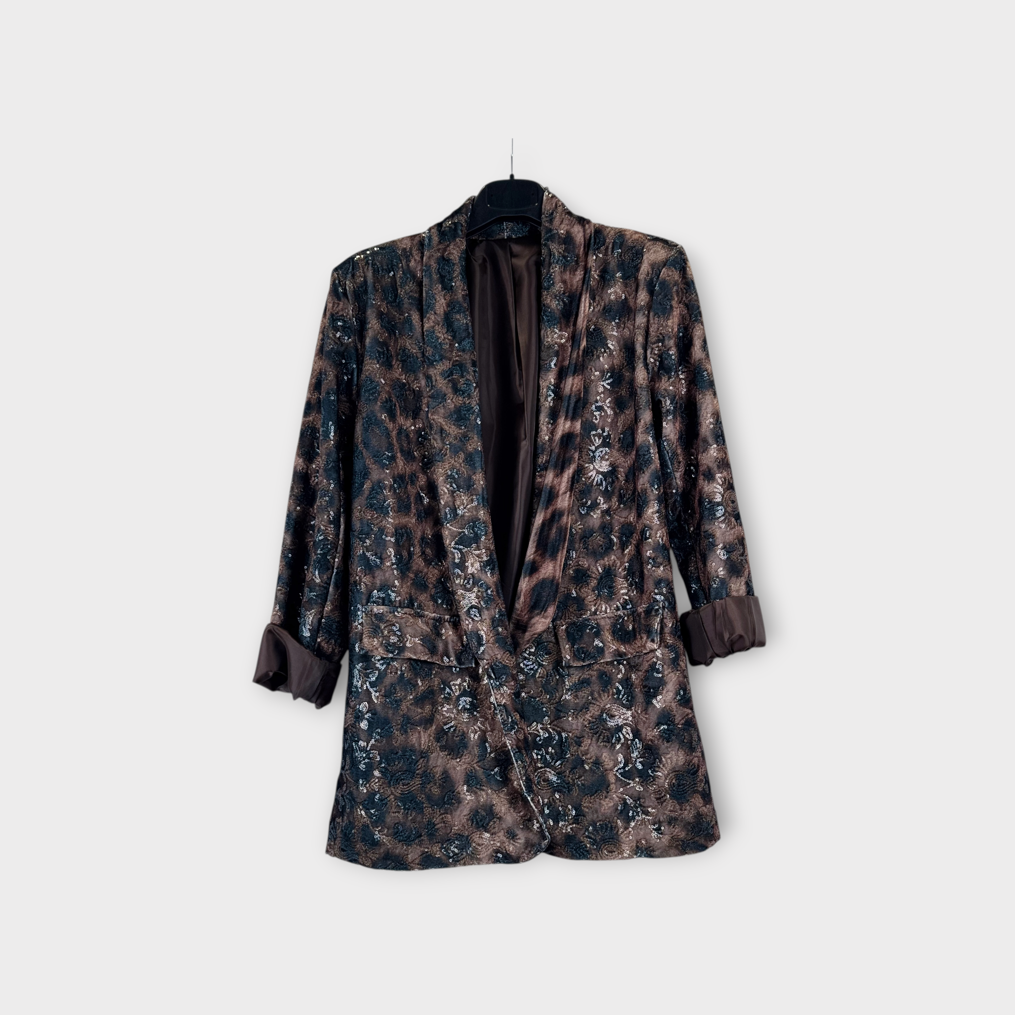 Blazer con paillettes e fantasia leopardo