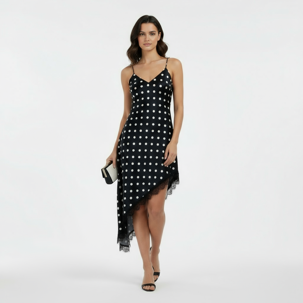 Abito con bordo in pizzo Pois Nero