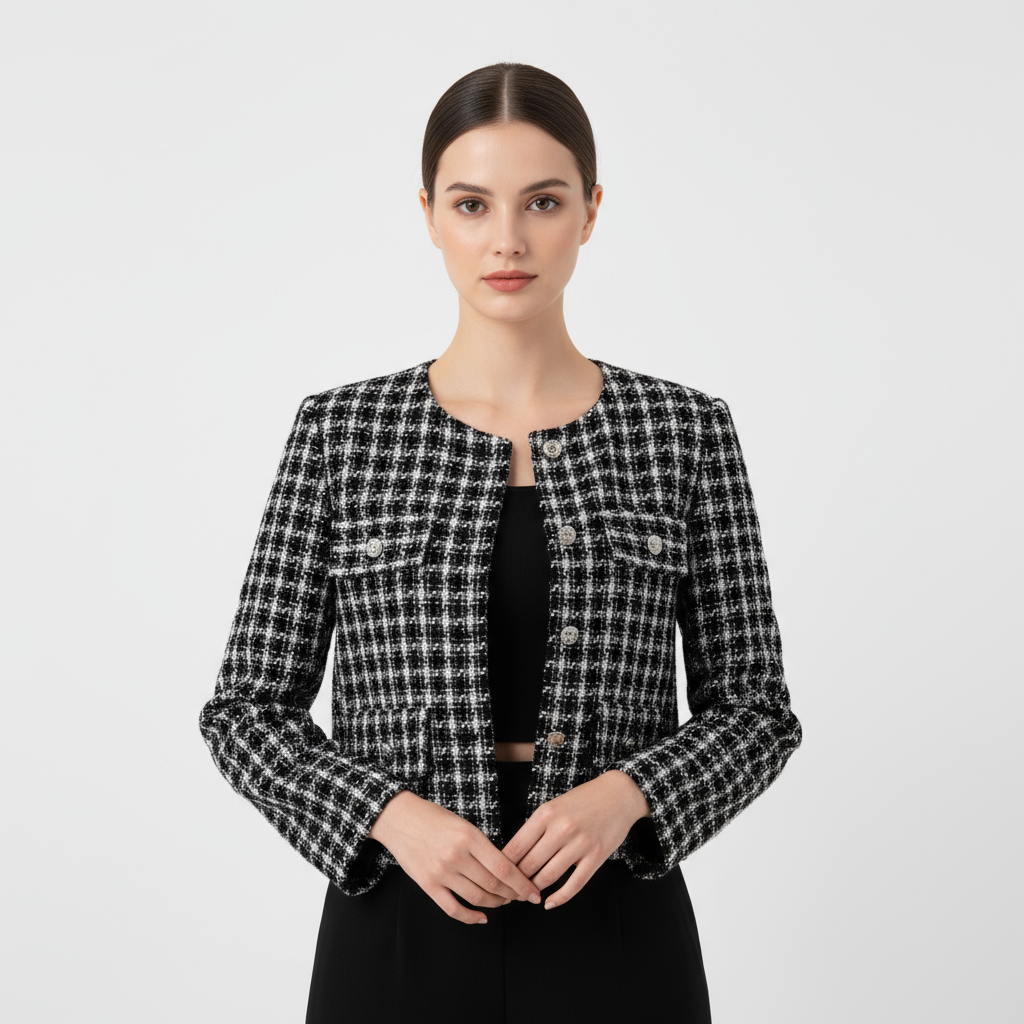 Giacca corta in tweed bianco e nero