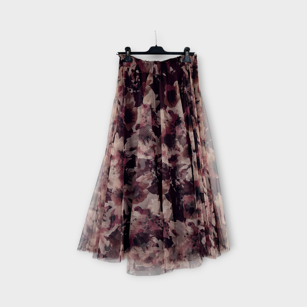 Gonna lunga in tulle stampa Floreale Bordeaux