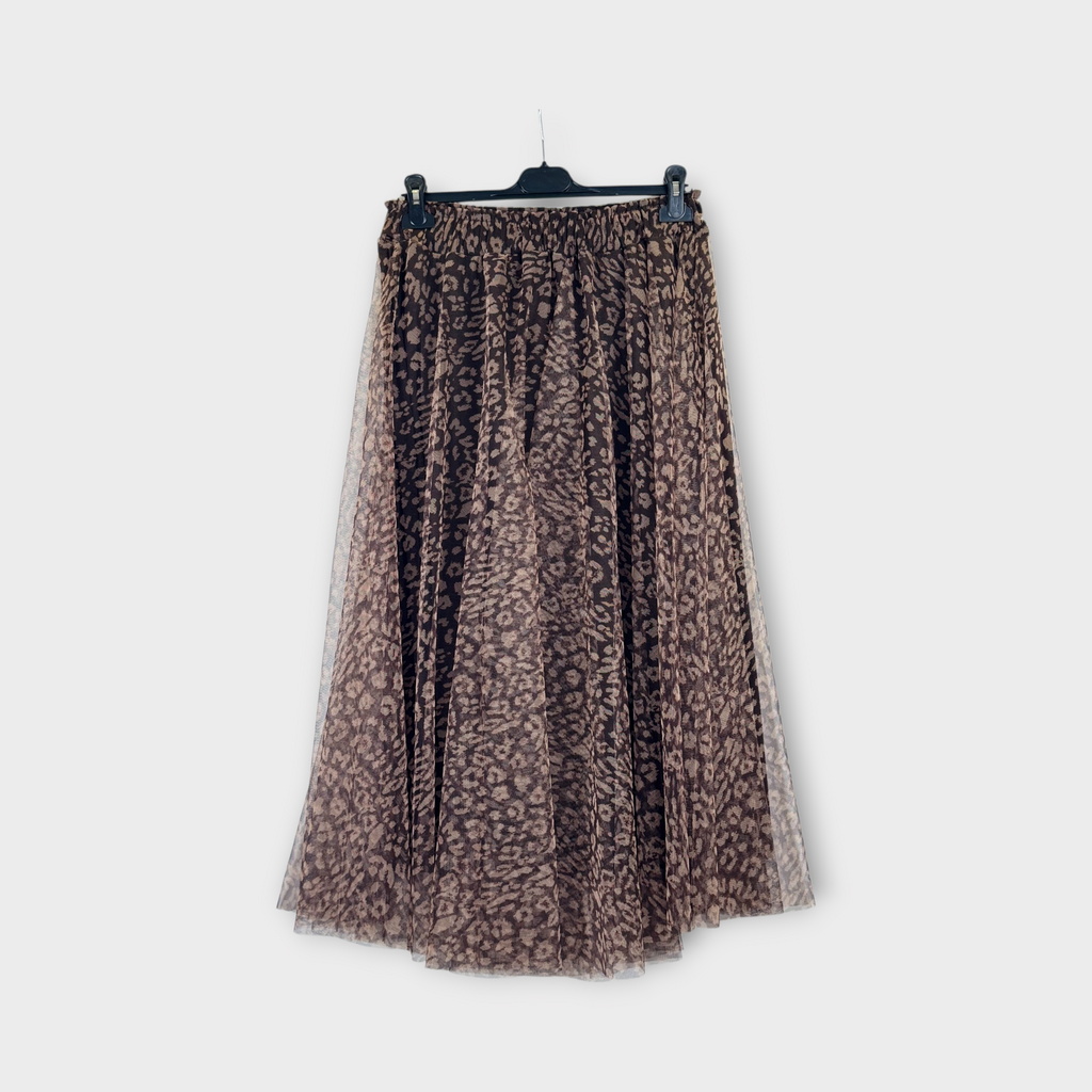 Gonna lunga in tulle stampa Fiori Marrone