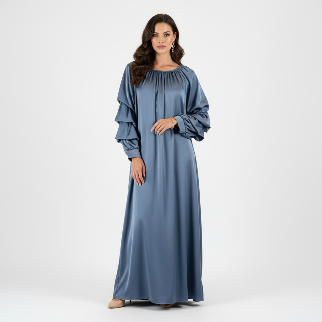 Abito lungo con maniche a balze Blu cielo